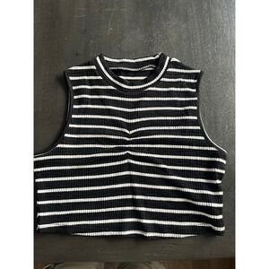 SHEIN Womens Black White Striped Smocked Ruched Crop Tank  Size L Large Stretchy